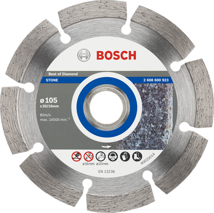 Disco de corte diamantado Bosch para pedra, com 105 mm de diâmetro.