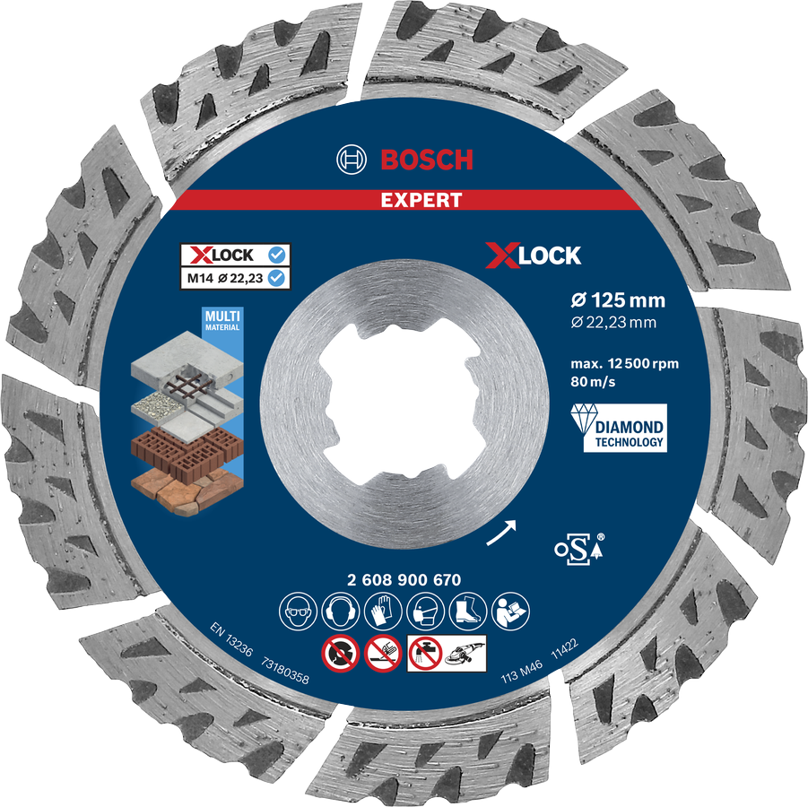 Disco de corte diamantado Bosch EXPERT MultiMaterial X-LOCK de 125 mm.