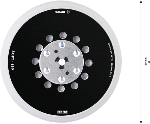 Disco de lixa multifuros universal Bosch EXPERT de 150 mm com textura macia.