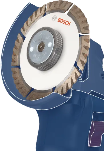 Grande plano de uma rebarbadora angular azul com um disco de corte circular diamantado.