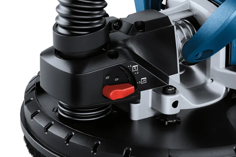 Lixadora de gesso cartonado Bosch GTR 550 em grande plano, controlo do disco de lixa.