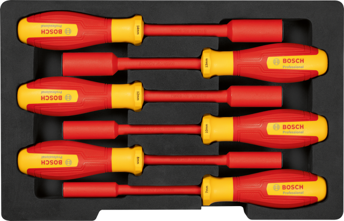 Jogo de chaves de caixa Bosch VDE com 6 peças para trabalhos elétricos.