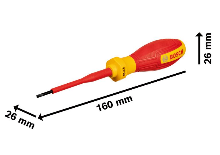 Chave de fendas isolada Bosch VDE SL2.5 com 160 mm de comprimento.