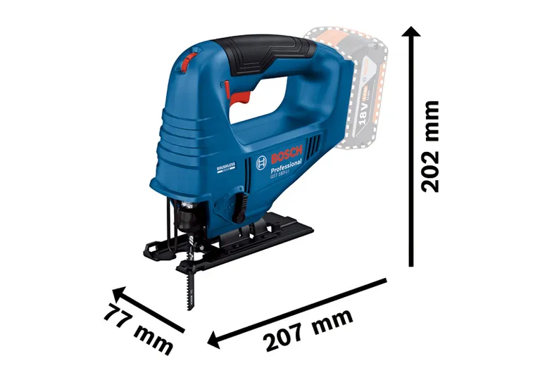 Serra tico-tico sem fios Bosch GST 183-LI com dimensões compactas.