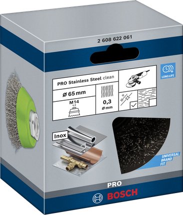 Escova tipo copo em aço inoxidável Bosch PRO 65×0,3 mm.
