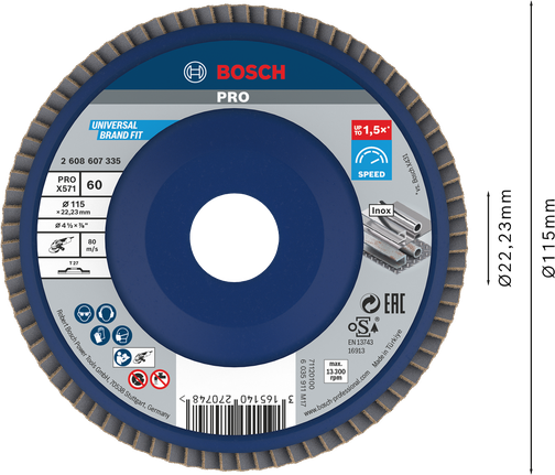 Disco lamelar Bosch PRO X571 115 mm G60 para retificação de metais.