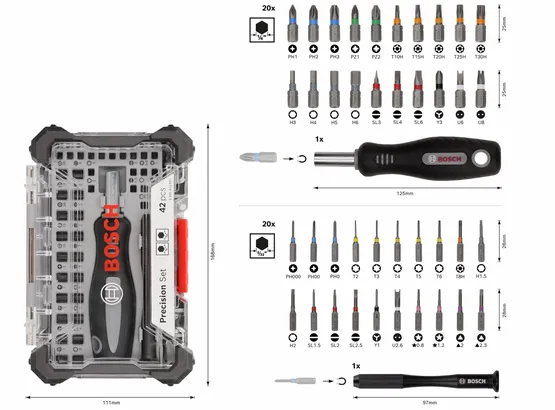 Jogo de bits de precisão Bosch para chave de fendas, 42 peças em estojo compacto.