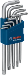 Conjunto de chaves Allen Torx Bosch com nove peças em suporte.