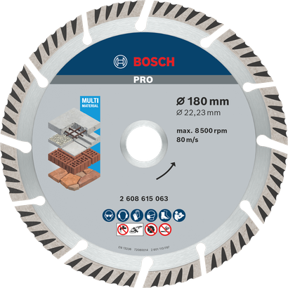 Disco diamantado Bosch PRO Multi Material, 180 mm para cortar pedra e tijolo.