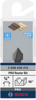 Broca de tupia Bosch PRO com ranhura em V de 90° e haste de 1/2″ e 1/4″.