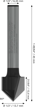 Broca de tupia Bosch PRO com ranhura em V de 90 graus e diâmetro de 1/2 polegada.