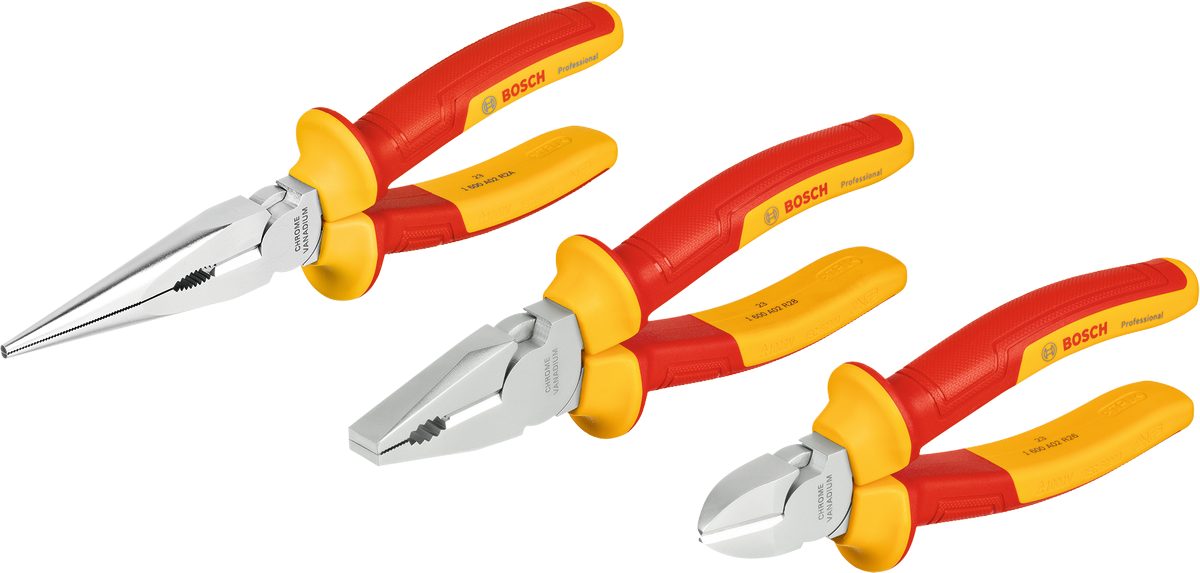 Conjunto de alicates Bosch VDE com 3 peças e cabos isolados.