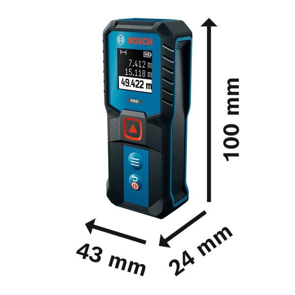 Medidor laser Bosch GLM50-21 com etiquetas de dimensões.