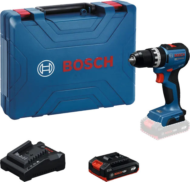 Conjunto de berbequim sem fio Bosch GSB 18V-52 com estojo e bateria.