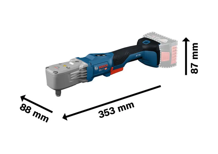 Dimensões da chave de impacto sem fios Bosch GRS18V-330 apresentadas.