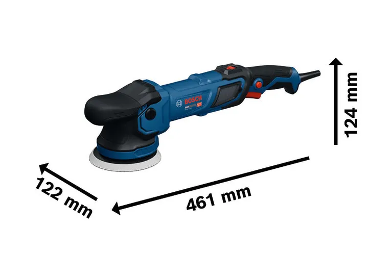 Polidora Bosch GPX9-125S com as dimensões indicadas.