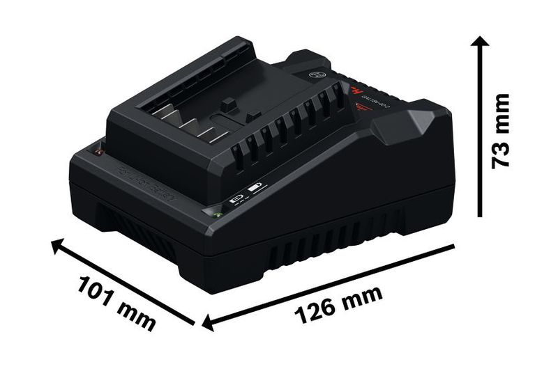 Carregador de bateria Bosch GAL 18V-40 com as dimensões indicadas.