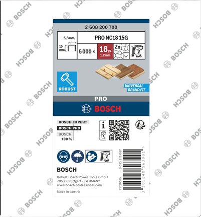 Grampos Bosch PRO NC18 de coroa estreita 15G para madeira.