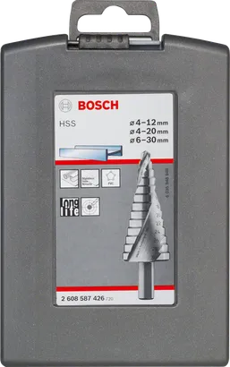 Bosch 3-piece HSS step drill bit set 4-12/4-20/6-30mm.