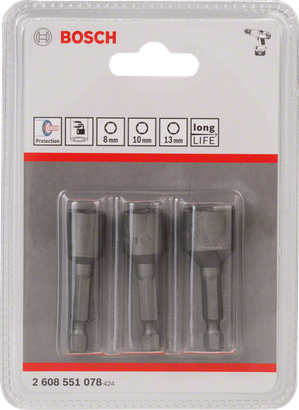 Bosch socket adapter set 8mm 10mm 13mm long life.