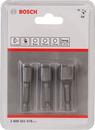Bosch socket adapter set 8mm 10mm 13mm long life.