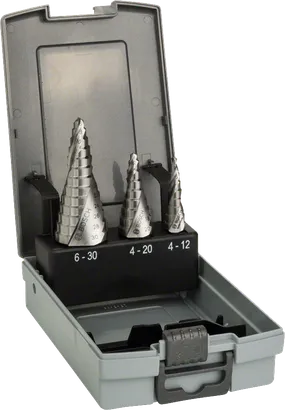 Bosch 3-piece HSS step drill bit set in case.