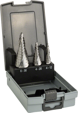 Bosch 3-piece HSS step drill bit set in case.