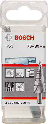 Bosch HSS step drill bit 6-30mm for metal drilling.