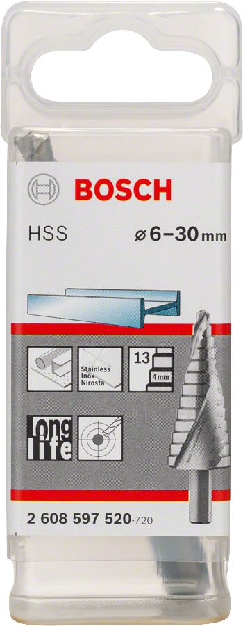 Bosch HSS step drill bit 6-30mm for metal drilling.