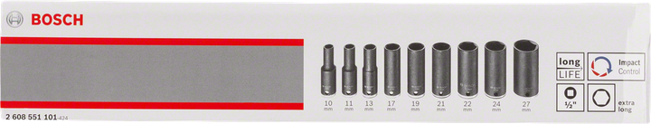 Bosch 9-piece extra long impact socket set 10-27 mm.
