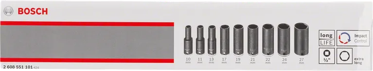 Bosch 9-piece extra long impact socket set 10-27 mm.
