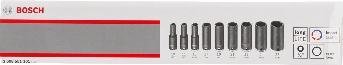 Bosch 9-piece extra long impact socket set 10-27 mm.