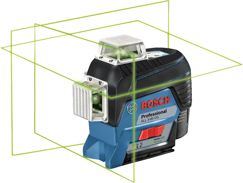 Bosch GLL 3-80 CG laser leveling tool with green lines.