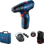 Bosch GSR 120-LI cordless drill set with battery and case.