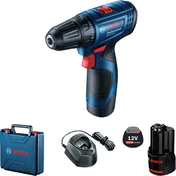 Bosch GSR 120-LI cordless drill set with battery and case.