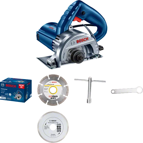 Bosch GDC 140 marble cutter with blades and wrench.