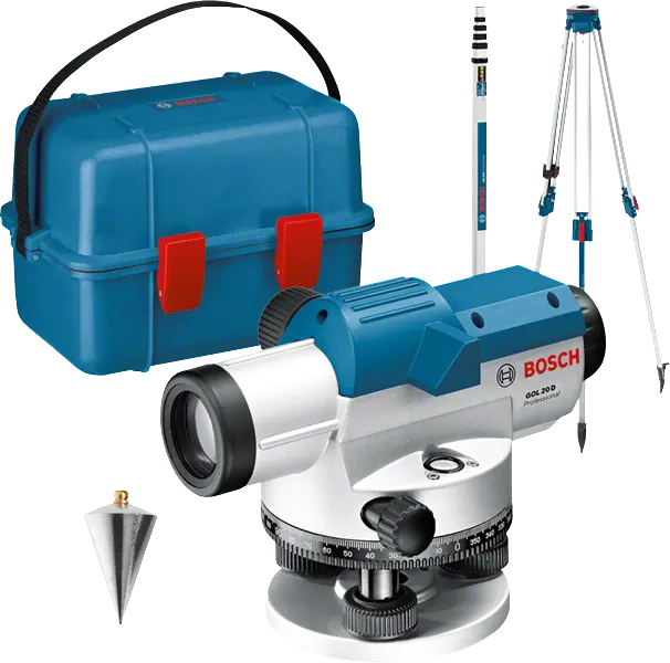 Bosch GOL 20 D optical level with tripod and staff.