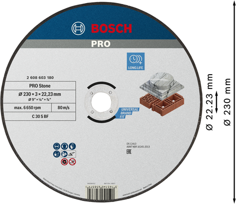 Bosch PRO Stone bonded cutting disc, 230 mm for masonry.