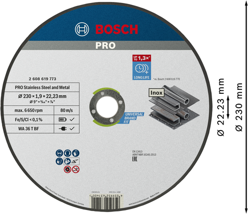 Bosch PRO stainless steel and metal bonded cutting disc, 230 mm.