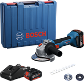 Bosch GWS 18V-8 angle grinder set with case and battery.