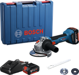 Bosch GWS 18V-8 angle grinder set with case and battery.