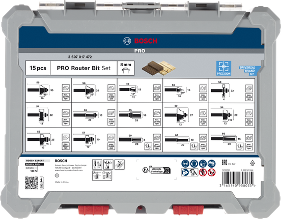 Bosch PRO Router Bit Mixed Set 15 pcs with 8 mm shank.