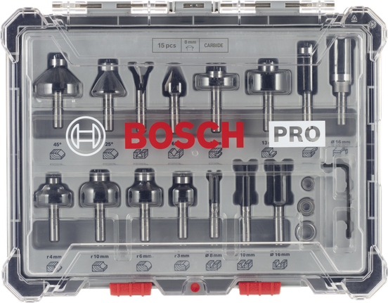 Bosch PRO Router Bit Mixed Set 15 pcs in storage case.