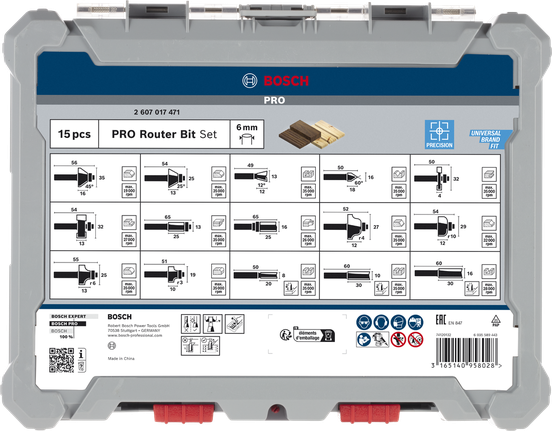 Bosch PRO Router Bit Mixed Set 6 mm 15 pieces in case.