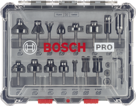 Bosch PRO Router Bit Mixed Set 15 pcs in storage case.
