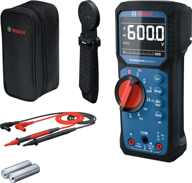 Bosch GDM 600-15 digital multimeter with accessories.