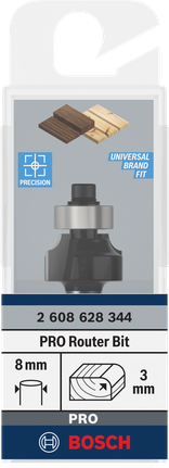 Bosch PRO Router Bit Rounding Over 8 mm shank, 3 mm radius.