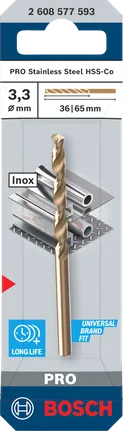 Bosch PRO stainless steel HSS-Co twist drill bit 3.3×36×65 mm.