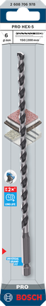 Bosch PRO HEX-5 drill bit 6x150x200 mm for masonry.