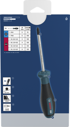 Bosch PRO Screwdriver Set PH/SL 6 pcs with S2 shaft and anti roll-off handle.
